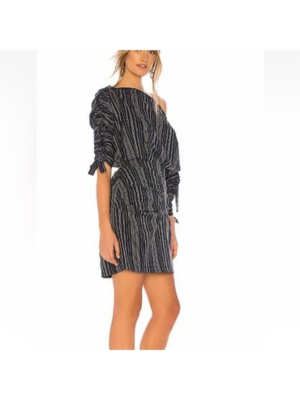 Tanya Taylor Sabra One-Shoulder Striped‎ Ruched Mini Dress Navy Size 6 NWT - Picture 3 of 11